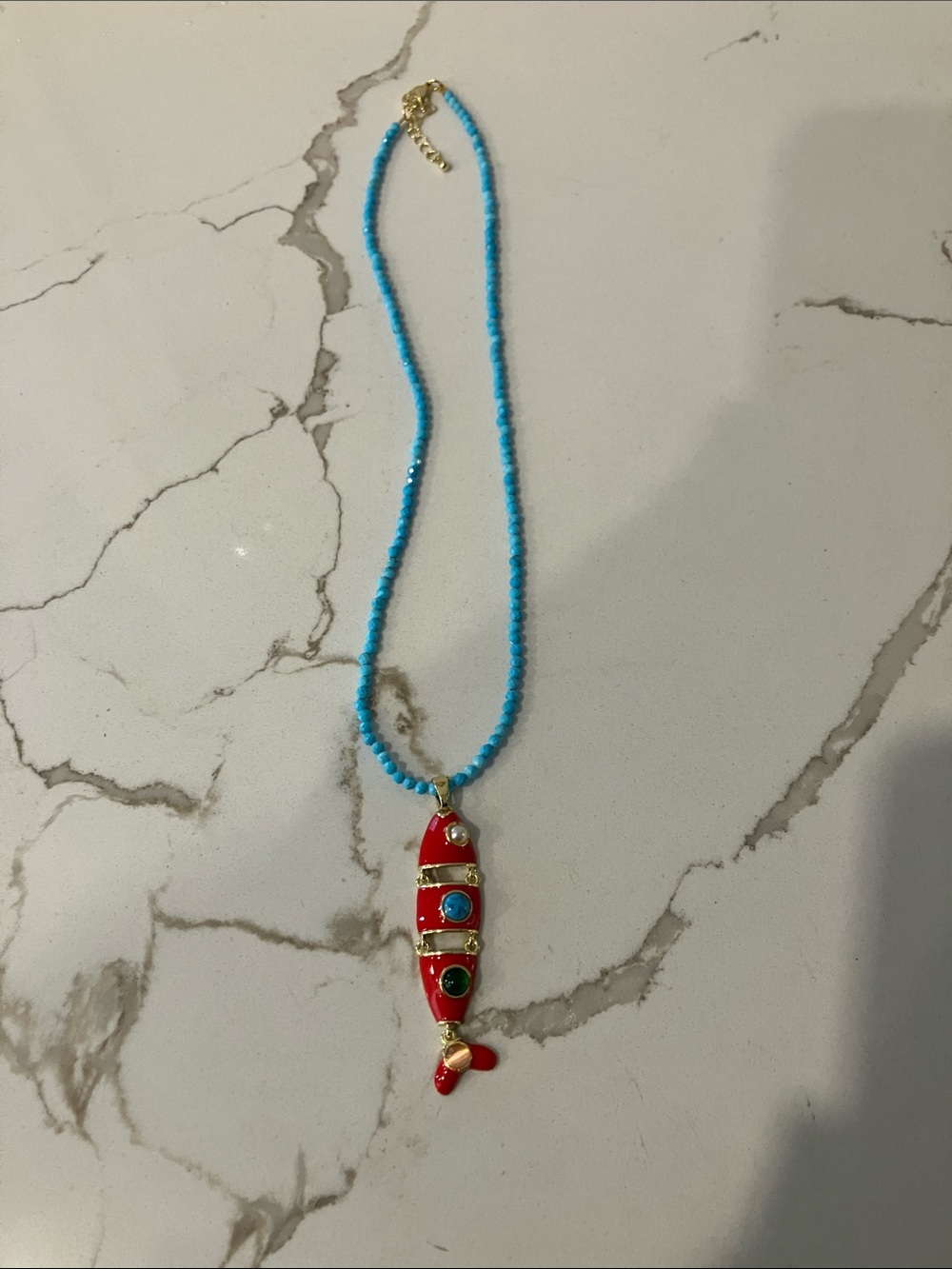 18K Gold Plated Turquoise Bead Necklace with Red Enamel Fish Pendant